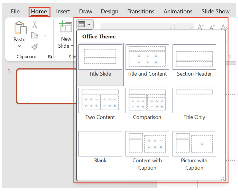 PowerPoint interface with the “Home” tab selected and the “Layout” menu expanded, displaying various slide layout options such as “Title Slide,” “Title and Content,” “Comparison,” and “Picture With Caption.”