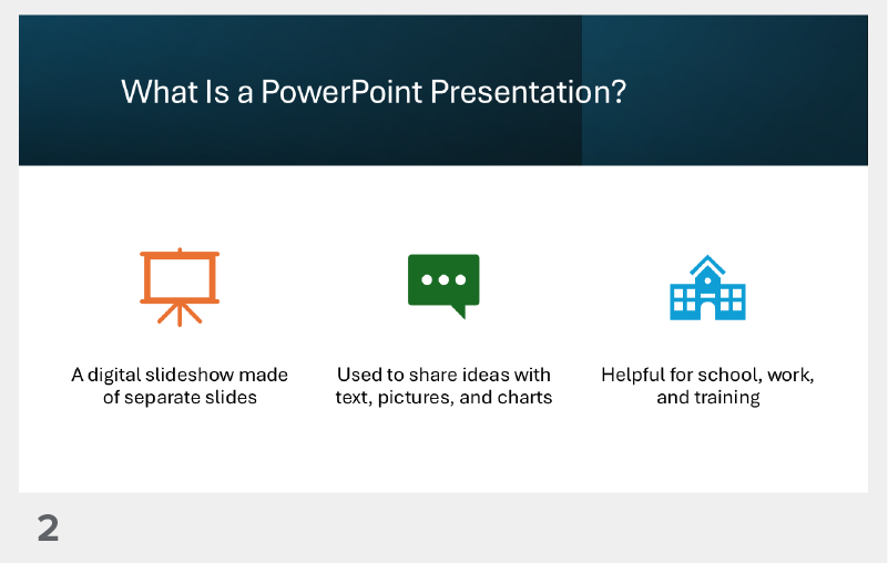Slide 2 titled “What Is a PowerPoint Presentation?” with bullet points explaining that it is a tool to share ideas, organize information, and support speaking points.