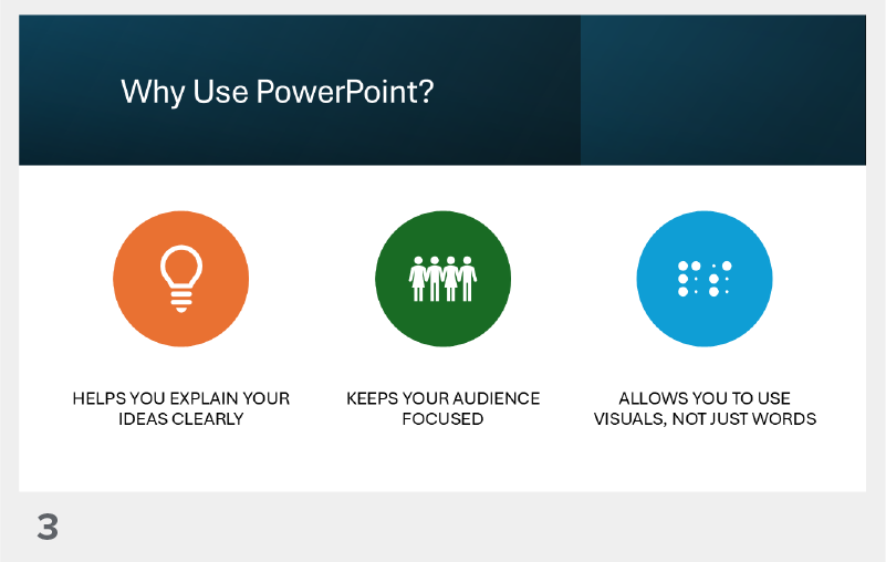 Slide 3 titled “Why Use PowerPoint?” featuring a bulleted list with reasons such as visual support, audience engagement, and easy customization.