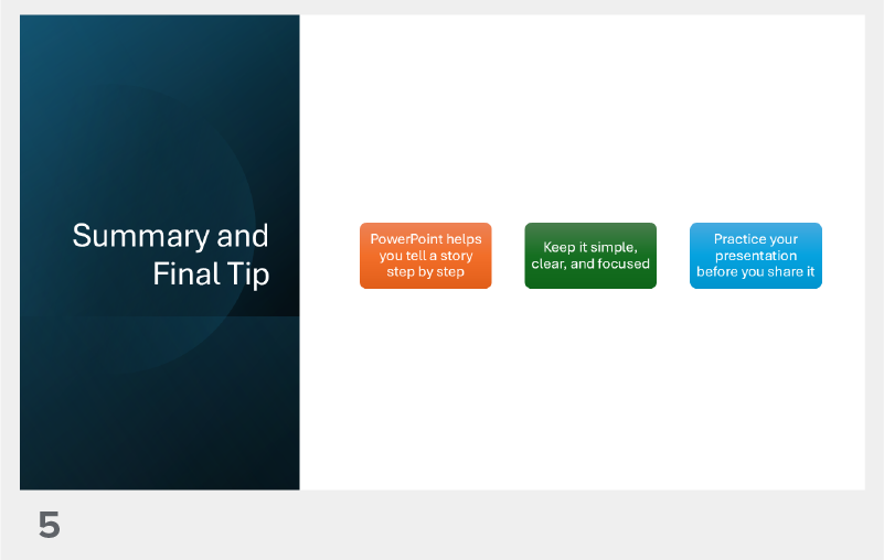 Slide 5 titled “Summary and Final Tip” that recaps key ideas from the presentation and ends with a reminder to keep slides clear and simple.