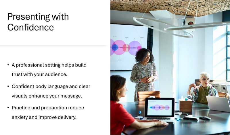 A slide titled “Presenting With Confidence” with bullet points on the left and a clear business photo on the right, showing a balanced layout and no text overlap.