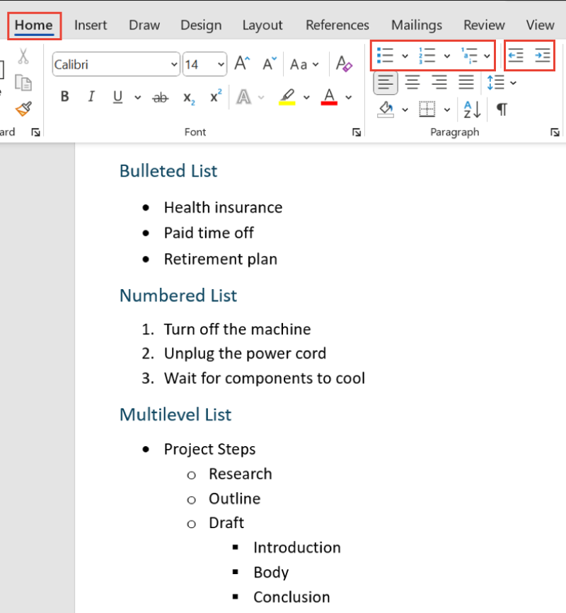 A Word document with the Home tab selected, showing three types of lists: a bulleted list with circle bullets, a numbered list for steps, and a multilevel list with main points and indented subpoints. The Paragraph section for applying list and indent options is visible in the ribbon.