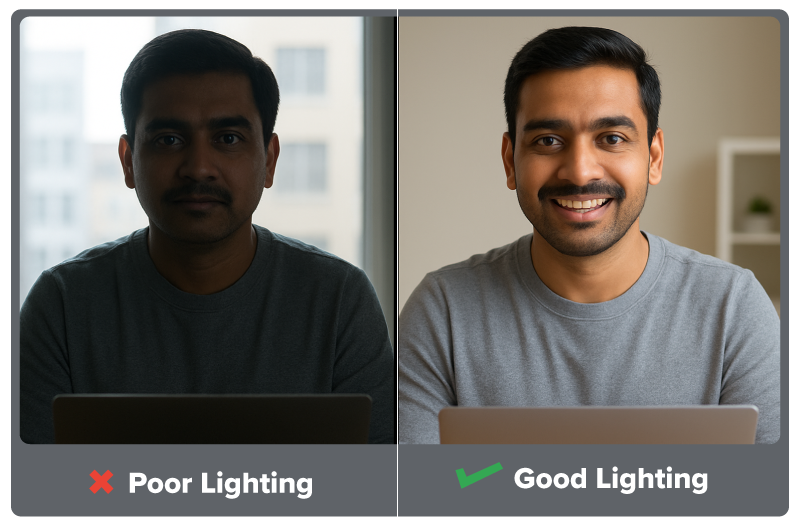 A side-by-side photographic comparison shows the same person seated at a desk during a video call. On the left, labeled “Poor Lighting,” the room is dim, and the person’s face is shadowed and unclear. On the right, labeled “Good Lighting,” bright, natural light illuminates their face, creating a clear and professional appearance.