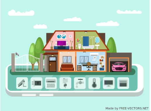  Illustration of a smart home with various connected devices including security cameras, smart thermostat, and smart light bulbs