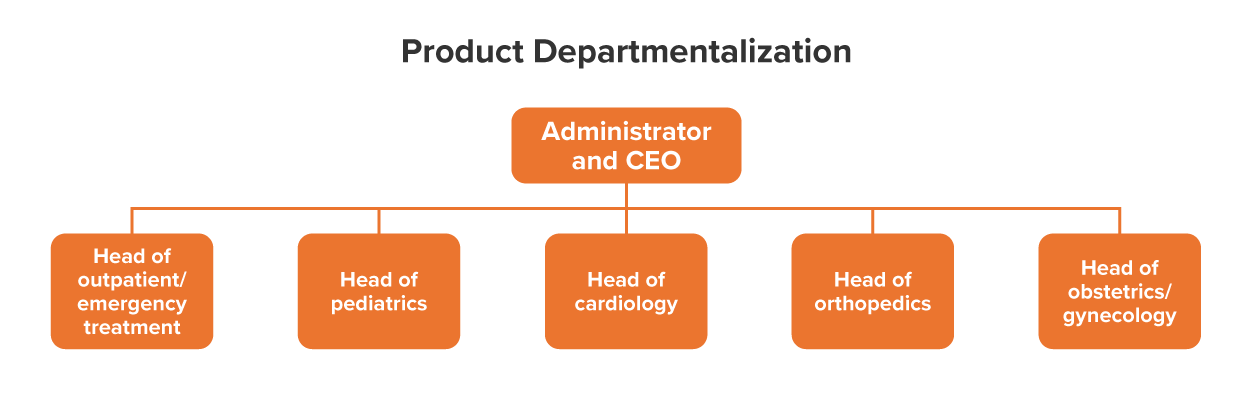 At the top of the organization structure is the administrator and CEO. Below them are the head of outpatient, the head of pediatrics, the head of obstetrics, the head of orthopedics, and the head of cardiology.