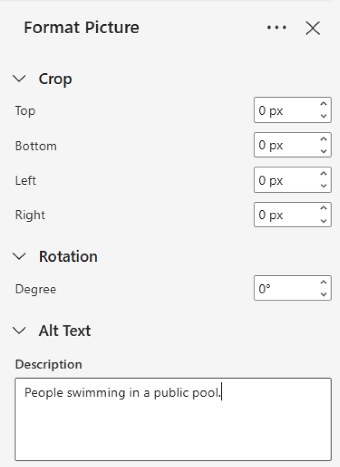 Screenshot of the Format Picture pane in Microsoft Word showing options for Crop, Rotation, and Alt Text. The Alt Text description field contains the text ‘People swimming in a public pool.’
