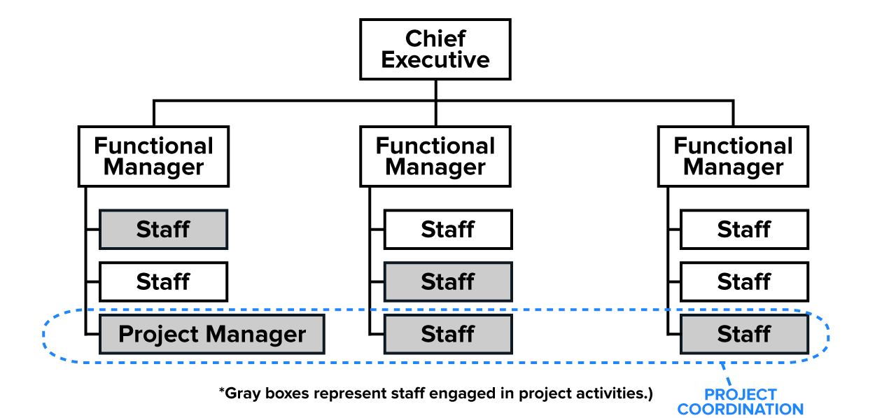 Matrix Organizational Structure Example The organizational chart starts with a ‘Chief Executive’ at the top, branching to three ‘Functional Manager’ boxes. Each functional manager oversees two or three ‘Staff’ members, some shaded to indicate involvement in project activities. On the left, a ‘Project Manager’ box is placed below a functional unit and included in a dashed bracket labeled ‘Project Coordination’, which extends across to highlight participating staff in all three units. A footnote explains that the shaded boxes represent staff engaged in project activities.