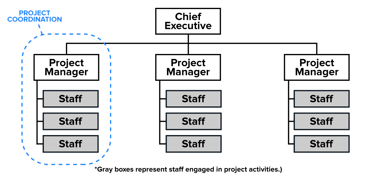 Projectized Organizational Structure Example The chart depicts a projectized organizational structure with a ‘Chief Executive’ at the top. Below, three ‘Project Manager’ boxes branch out horizontally, each overseeing three ‘Staff’ members. All the staff boxes are shaded, indicating engagement in project activities. A dashed bracket labeled ‘Project Coordination’ surrounds the leftmost project team. A footnote explains that the shaded boxes represent staff involved in project activities.