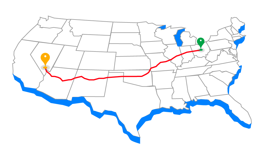 A map of the United States with a route line from Columbus, Ohio, to Las Vegas, Nevada, marked by a start and end pin.