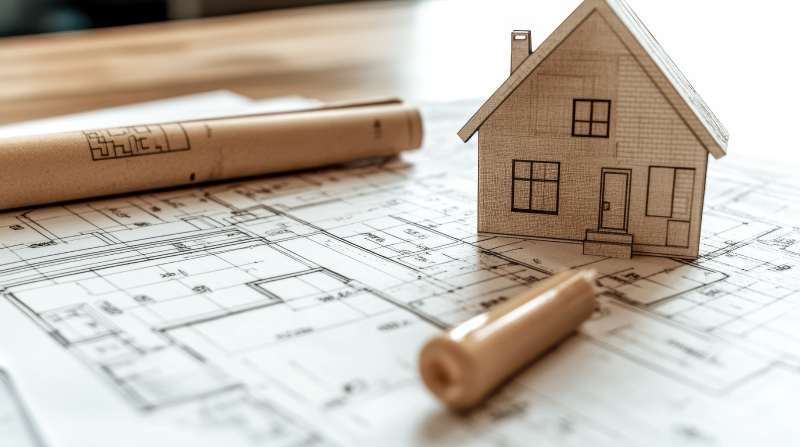 A small model house and rolled-up blueprints placed on top of architectural floor plans.