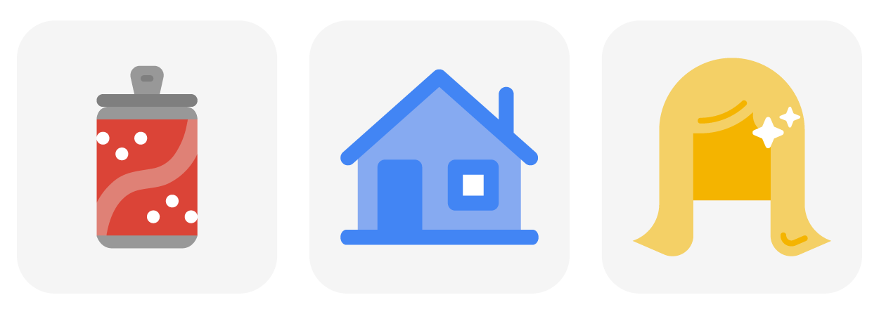 An illustration of a can of cola, a house, and a barbershop pole.