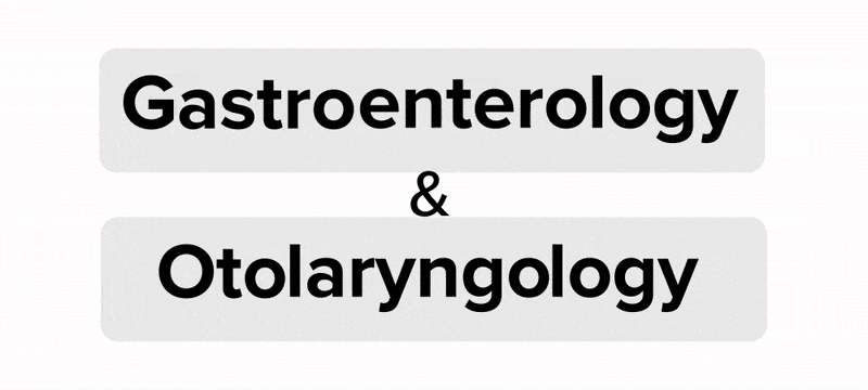 The word ‘Gastroenterology’ appears on screen inside a grey box, along with the word ‘Otolaryngology’ underneath it, where a small ampersand (&) separates the two. The ampersand and the word ‘Otolaryngology’ fade out, leaving ‘Gastroenterology’ in the center of the screen. The following text appears underneath the word ‘Gastroenterology’: ‘The study of the stomach and intestines’. This text fades out, and the word ‘Gastroenterology’ splits up into word parts, as ‘Gastr/o’, ‘enter/o’, and ‘-logy’. The second and third word parts fade out, leaving only the root ‘Gastr/o’, which becomes underlined by a horizontal blue bracket with the words ‘Root: Stomach’ appearing underneath the bracket in a blue oval, while a basic anatomical drawing of a stomach appears above the root ‘Gastr/o’. The combining form ‘enter/o’ appears to the right of the root ‘Gastr/o’ and becomes underlined by a horizontal blue bracket with the words ‘Root: Intestine’ appearing underneath the bracket in a blue oval, while a basic anatomical drawing of the small and large intestines appears above the root ‘enter/o’. The suffix ‘-logy’ appears to the right of the root ‘enter/o’ and becomes underlined by a horizontal purple bracket with the words ‘Suffix: Study of’ appearing underneath the bracket in a purple oval, while a drawing of a textbook appears above the suffix ‘-logy’. All three images, ovals, and brackets fade out, leaving only the terms ‘Gastr/o’, ‘enter/o’, and ‘-logy’ which then merge together to form the full word ‘Gastroenterology’. This word shifts up as an ampersand and the word ‘Otolaryngology’ shift up to join it on screen. The ampersand and the word ‘Gastroenterology’ fade out and the word ‘Otolaryngology shifts to the center of the screen. The following text appears underneath the word ‘Otolaryngology’: ‘The study of the ear and throat’. This text fades out, and the word ‘Otolaryngology’ splits up into word parts, as ‘Ot/o’, ‘laryng/o’, and ‘-logy’. The second and third word parts fade out, leaving only the root ‘Ot/o’, which becomes underlined by a horizontal blue bracket with the words ‘Root: Ear’ appearing underneath the bracket in a blue oval, while a basic anatomical drawing of an ear appears above the root ‘Ot/o’. The combining form ‘laryng/o’ appears to the right of the root ‘Ot/o’ and becomes underlined by a horizontal blue bracket with the words ‘Root: Throat or voice box’ appearing underneath the bracket in a blue oval, while a basic anatomical drawing of the mouth, throat, and larynx appears, superimposed on a silhouette of a female head and neck in side profile, appear above the root ‘laryng/o’. The suffix ‘-logy’ appears to the right of the root ‘laryng/o and becomes underlined by a horizontal purple bracket with the words ‘Suffix: Study of’ appearing underneath the bracket in a purple oval, while a drawing of a textbook appears above the suffix ‘-logy’. All three images, ovals, and brackets fade out, leaving only the terms ‘Ot/o’, ‘laryng/o’, and ‘-logy’ which then merge together to form the full word ‘Otolaryngology’.