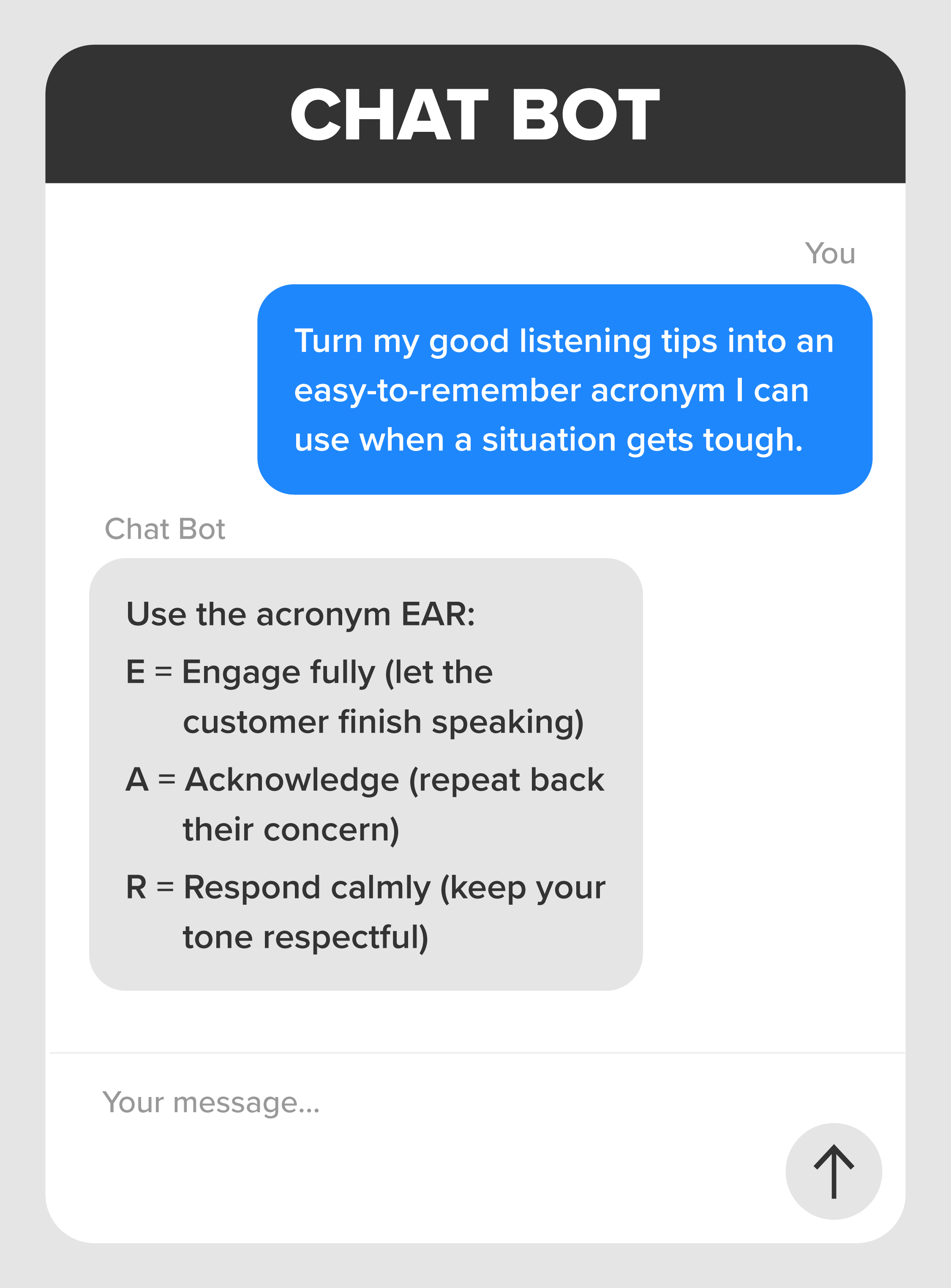 A chatbot interface showing a user’s prompt and the AI’s response. The prompt says “Turn my good listening tips into an easy-to-remember acronym I can use when a situation gets tough.” The response says “Use the acronym EAR: E = Engage fully (let the customer finish speaking), A = Acknowledge (repeat back their concern), R = Respond calmly (keep your tone respectful).”
