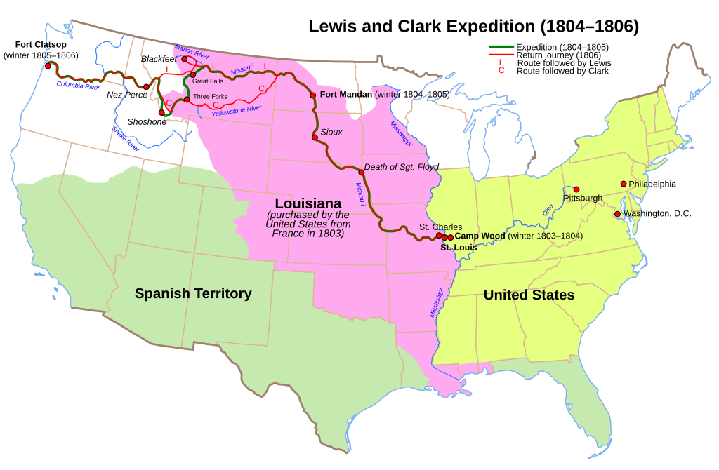 Map of the U.S. showing the expedition route from east to west with paths traveled and territorial boundaries.