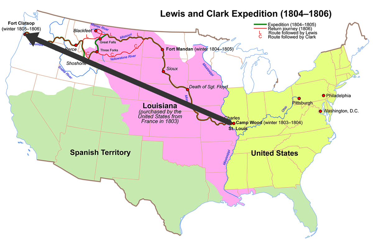 Same map of the U.S. now with an arrow, representing displacement, overlaid and pointing east to west.