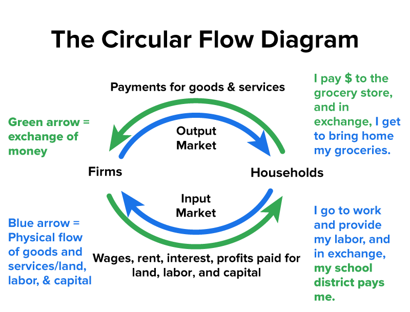 A circular flow diagram with firms and households is shown. It highlights two exchanges: one where households pay money to grocery stores and receive groceries in return, and another where households provide labor and are paid wages. Payment in dollars is part of the monetary flow, and bringing home the groceries or providing labor is part of the physical flow. These exchanges take place in the output market and the input market, respectively.