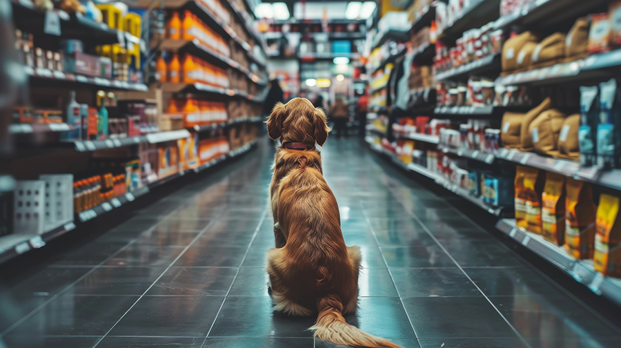 A dog sitting in the aisle of a pet store, surrounded by shelves of pet supplies and food.