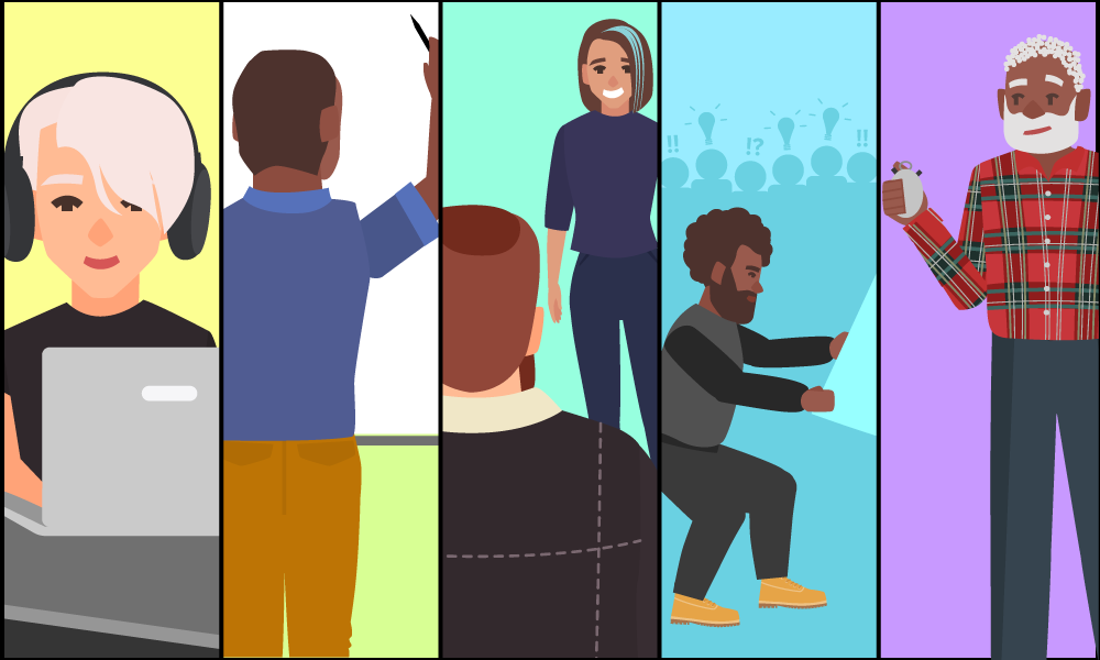 Five panel image showing each person at work – Penny at a computer, Omar working at a whiteboard schedule, Sheila talking to someone in front of a machine, David working at a machine while others watch, Carl at other side of machine with stopwatch.