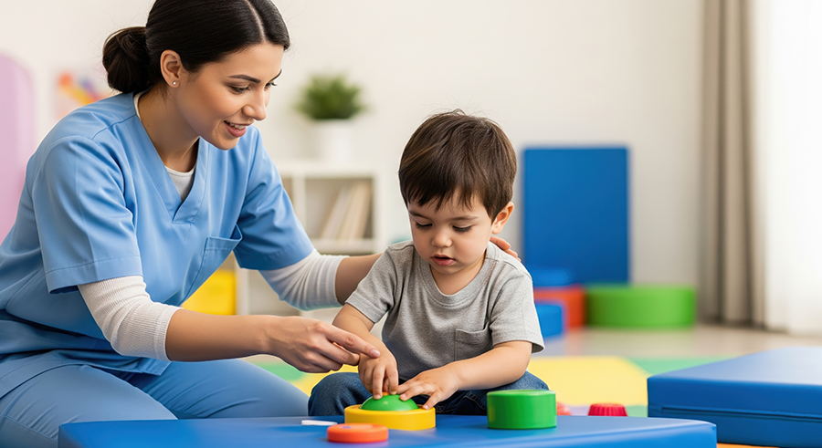 A photo shows a therapist assessing a child’s development.