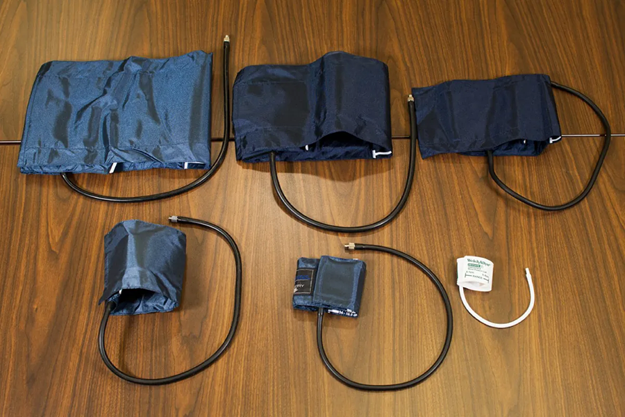 A photo shows six blood pressure cuffs in different sizes.