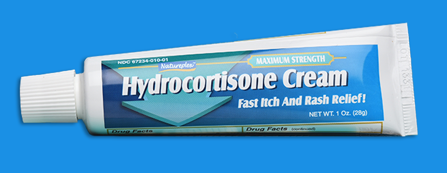 A tube of hydrocortisone cream labeled hydrocortisone and fast itch and rash relief.