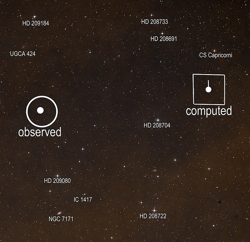 Alphanumeric names and white dots represent stars and Neptune on a dark background of sky.