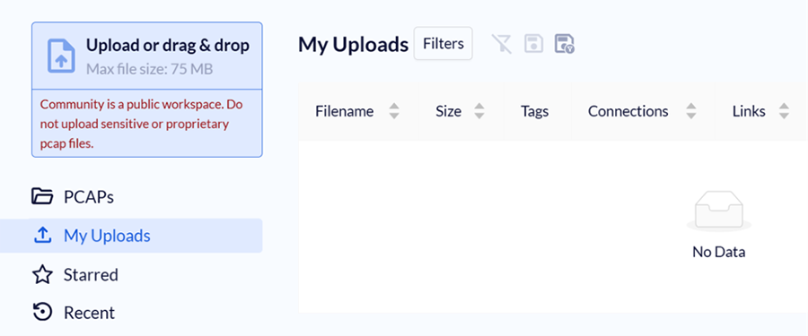 Screen for uploading pcap files on DynamiteLab