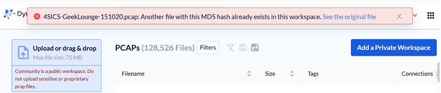 Error message in DynamiteLab when pcap files already exist