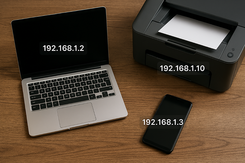 A realistic network diagram showing a laptop labeled with IP address 192.168.1.2, a printer labeled with IP address 192.168.1.10, and a cell phone connected to the same local network.