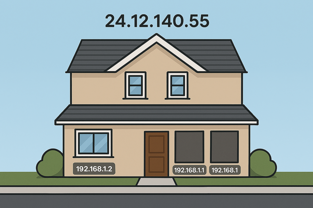 Illustration of a house labeled with one public IP address above the roof (24.12.140.55) and several private IP addresses on the rooms inside the house (192.168.1.2, 192.168.1.1, and 192.168.1). The image shows the public IP as the house’s street address and the private IPs as room numbers inside the house.