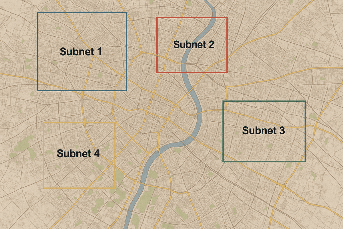A city map divided into four colored regions labeled Subnet 1, Subnet 2, Subnet 3, and Subnet 4, representing how subnetting breaks one large network into smaller, organized sections.
