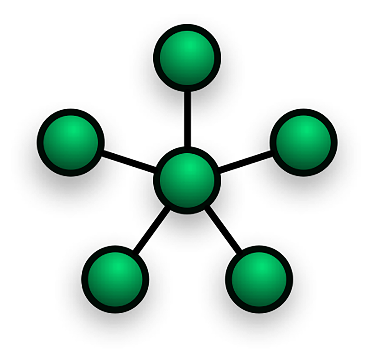 Star topology with devices linked to a central hub, like spokes to a wheel.