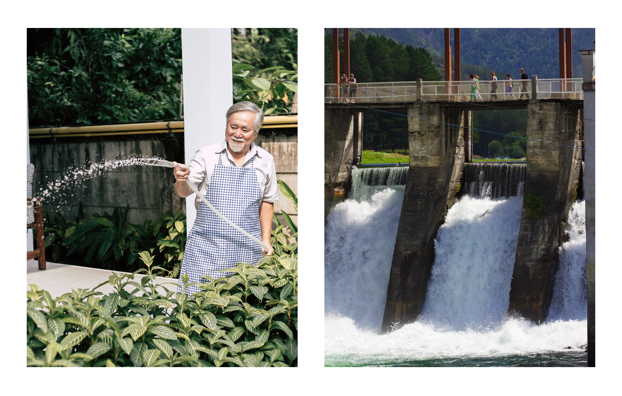 A tan-skinned person waters their garden, and people walk above a dam with water gushing below