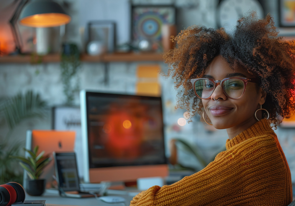 Smiling woman in glasses sitting at a desk with a computer displaying an interior design project, in a bright, creative workspace