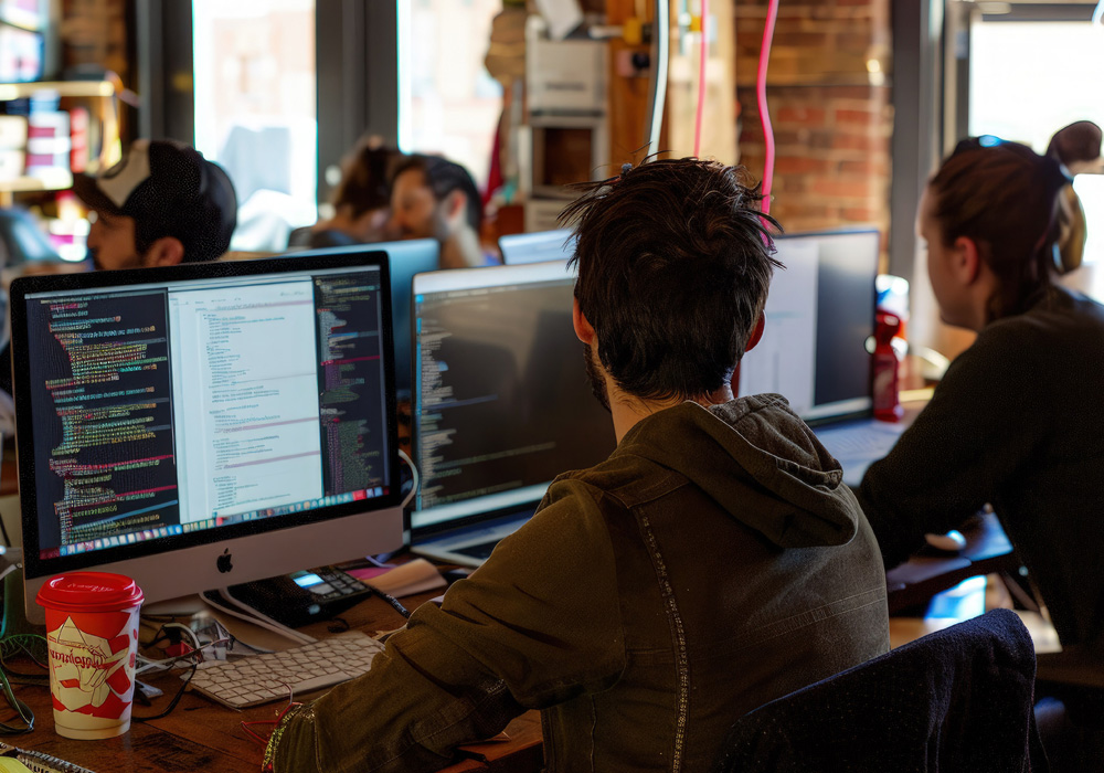 Group of software developers collaborating around computer screens displaying code in a modern office with brick walls