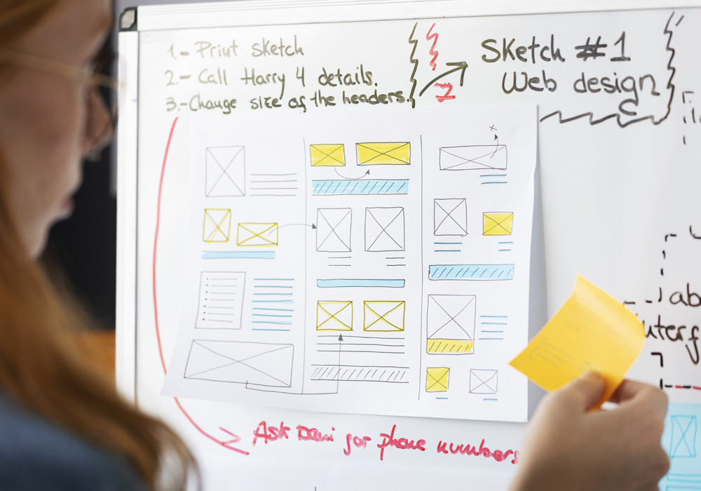 Designer working on website or app wireframes, arranging sketches of page layouts with arrows showing user flow on a desk with markers and a laptop
