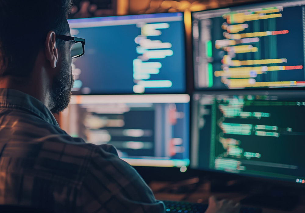 Smiling man sitting at a desk with a computer displaying lines of code, turning toward the camera in a bright office