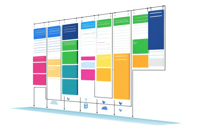 An illustration of a multicolumn project management board with task cards arranged in vertical sections, accompanied by three icons showing upward and downward trend lines.
