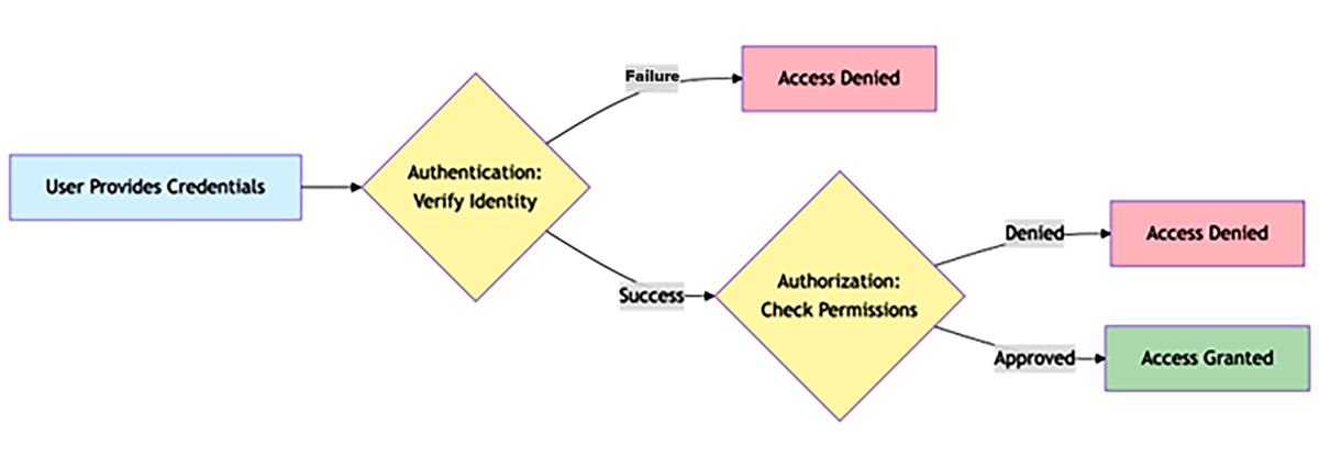  Side-by-side comparison showing authentication verifying identity and authorization granting specific permissions.