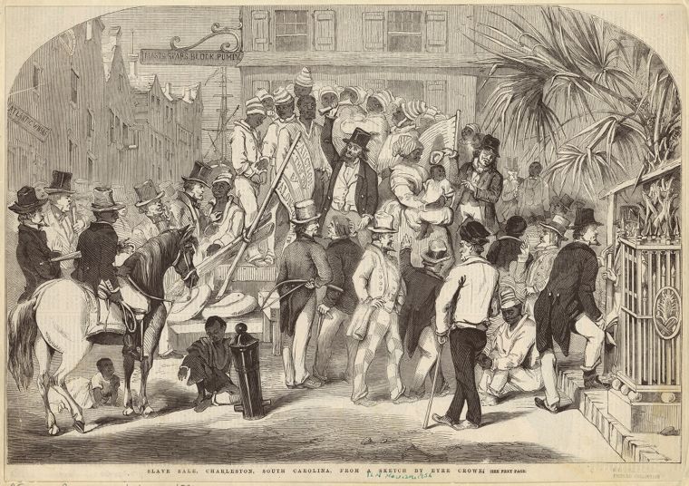 The image above is of an 1856 auction of enslaved individuals in Charleston, South Carolina. This is an example of the type of space where enslaved men and women were bought and sold in the United States. Many historians would analyze a photograph like this through the lens of economics or class. They would explain that these auctions took place in a marketplace where money exchanged hands between merchants and plantation owners. Historians could conclude that enslaved persons were forced into economic conditions by enslavers who profited from their labor.