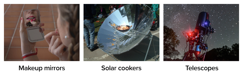 3 part photo with a person applying lipstick in a makeup mirror, a solar cooker heating food, and a telescope trained towards a starry night