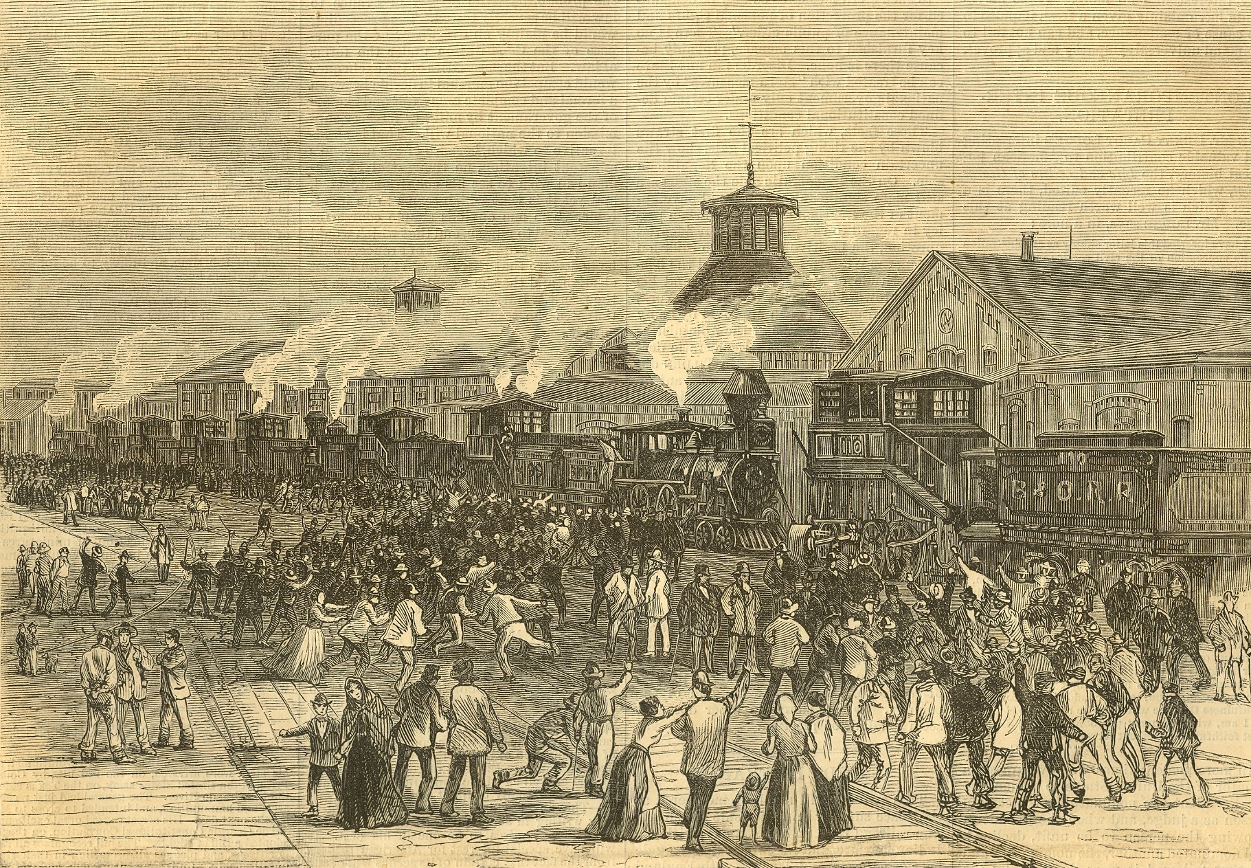 This engraving of the 'Blockade of Engines at Martinsburg, West Virginia,' where the Great Railroad Strike began, appeared on the front cover of Harper's Weekly on August 11, 1877.