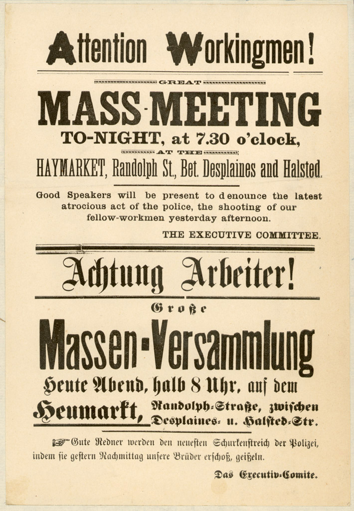 Announcement of a meeting in Chicago’s Haymarket Square. The invitation is written in English and German, indicating the role that immigrants played in the labor movement.