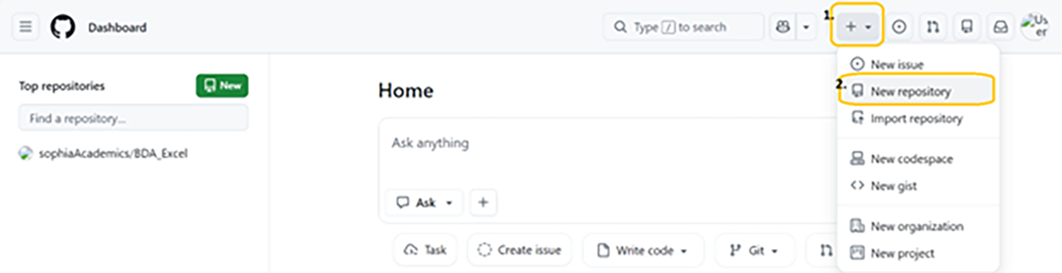 GitHub Navigation Bar showing the process of creating a new repository.