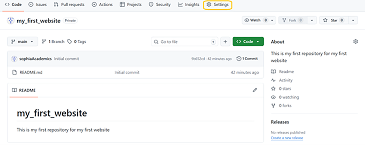 A screenshot of the GitHub Repository main page showing the ‘Settings’ button circled in yellow.