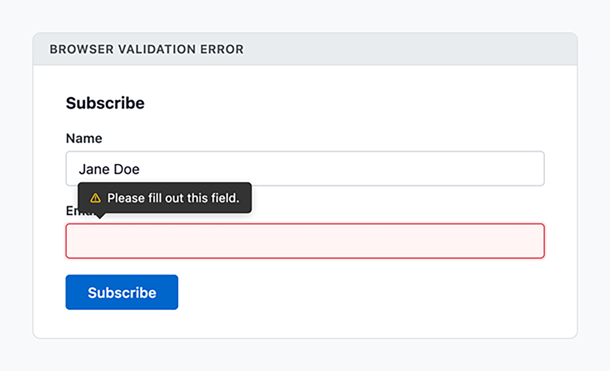 Browser displaying a validation error message on an empty required email field.