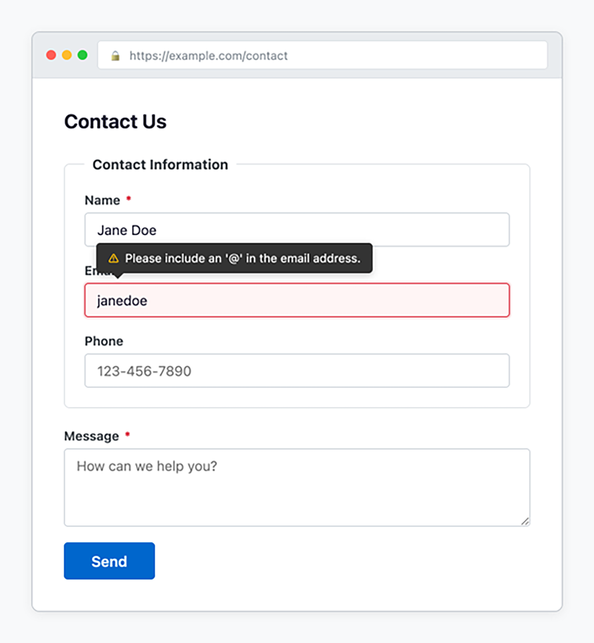 Completed contact form in the browser with validation errors displayed on multiple fields.