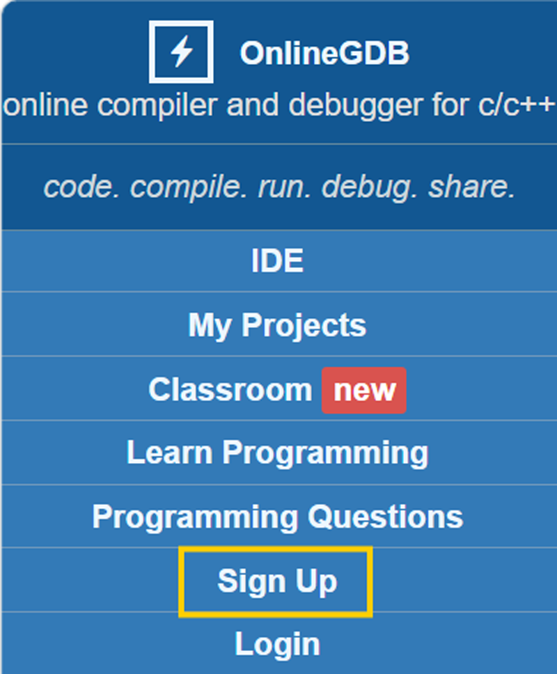 The GDB Online left menu panel with the Sign Up link marked, showing where a new user clicks to start creating an account.