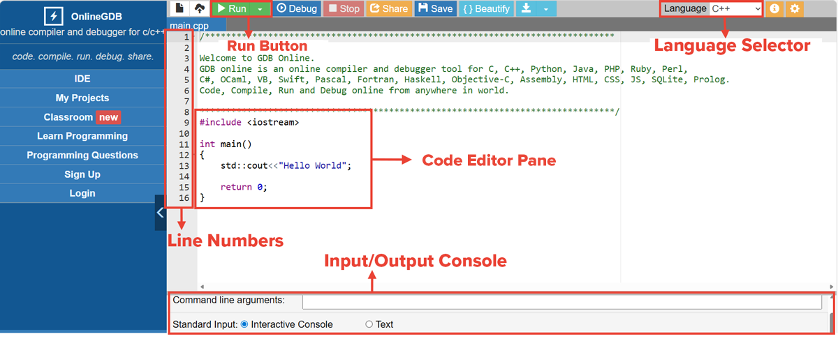 Screenshot of the GDB Online workspace with five key components labeled: Run Button, Language Selector Dropdown, Code Editor Pane, Line Numbers, and Input/Output Console.