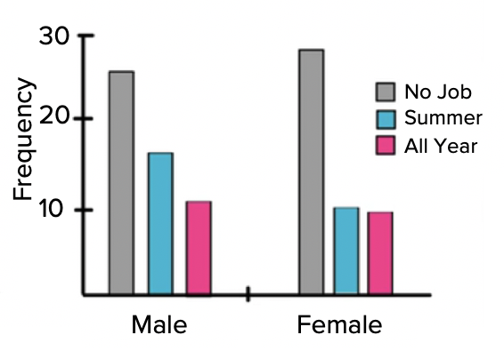 A bar chart that shows the frequency of types of jobs (none, summer, and all year) for males and females. The chart shows that both males and females most frequently have no job, and least frequently have an all year job.